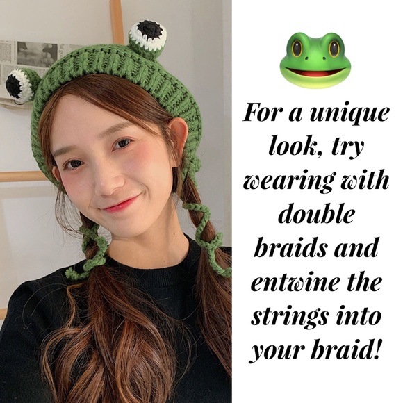 Green Frog Knit Beanie with Long Tassel Ties - Picture 5 of 16